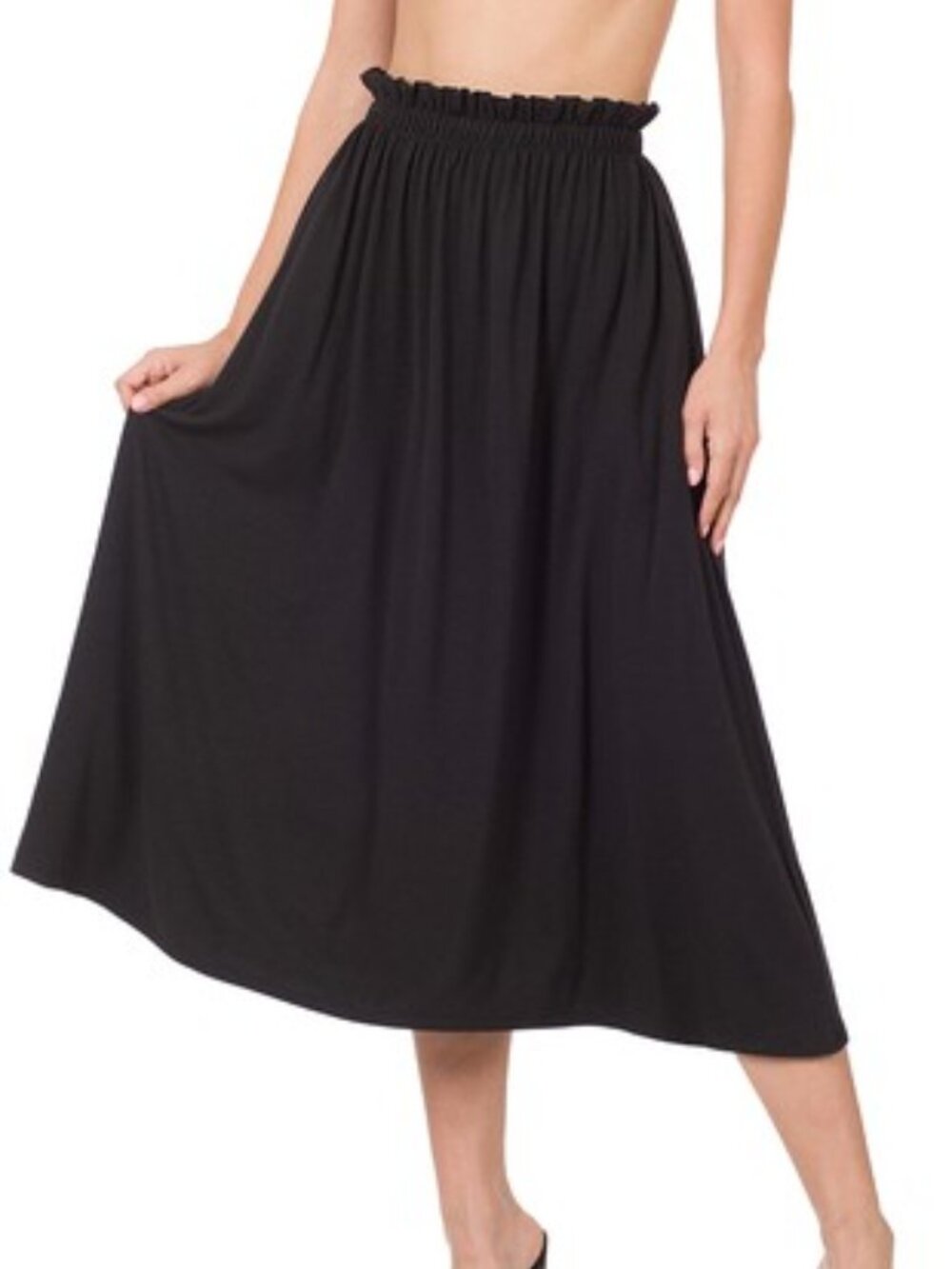 Zenana Black Paperbag Waist Midi Skirt with‎ Pockets Elastic Waist NWT S-XL - Picture 2 of 5